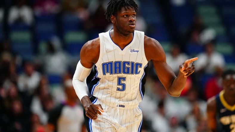 Mar 9, 2022; New Orleans, Louisiana, USA; Orlando Magic center Mo Bamba (5) reacts to a play against the New Orleans Pelicans during the first quarter at Smoothie King Center. Mandatory Credit: Andrew Wevers-USA TODAY Sports