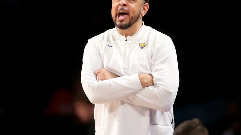 Mar 8, 2022; Brooklyn, NY, USA; Pittsburgh Panthers head coach Jeff Capel III coaches against the Boston College Eagles during the second half at Barclays Center. Mandatory Credit: Brad Penner-USA TODAY Sports