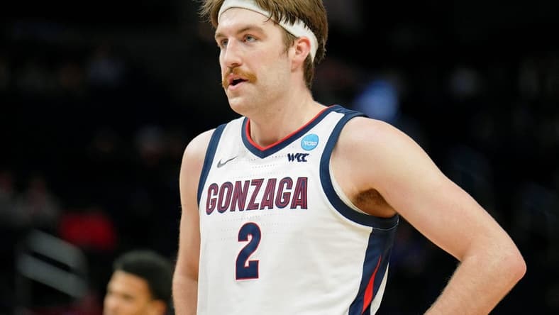 Mar 24, 2022; San Francisco, CA, USA; Gonzaga Bulldogs forward Drew Timme (2) looks on during a break in play against the Arkansas Razorbacks during the first half in the semifinals of the West regional of the men's college basketball NCAA Tournament at Chase Center. Mandatory Credit: Kelley L Cox-USA TODAY Sports