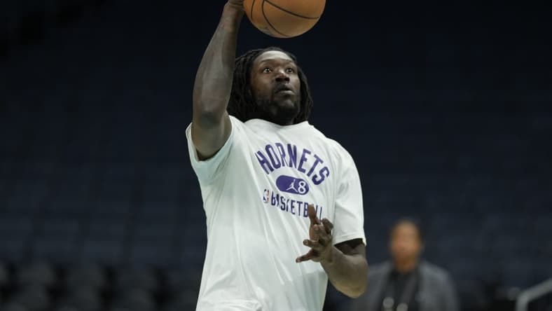 Apr 7, 2022; Charlotte, North Carolina, USA; Charlotte Hornets center Montrezl Harrell (8) during pregame warm ups against the Orlando Magic at Spectrum Center. Mandatory Credit: Jim Dedmon-USA TODAY Sports