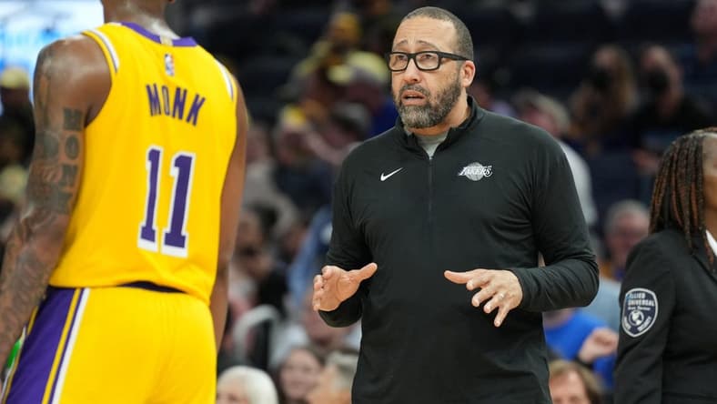 Apr 7, 2022; San Francisco, California, USA; Los Angeles Lakers assistant coach David Fizdale talks to guard Malik Monk (11) during the fourth quarter against the Golden State Warriors at Chase Center. Mandatory Credit: Darren Yamashita-USA TODAY Sports