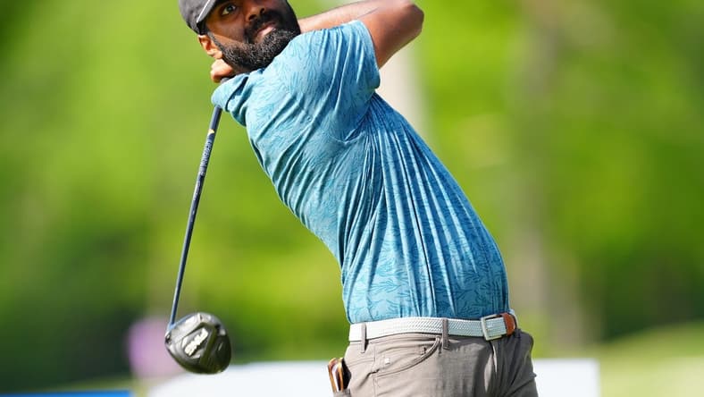 Apr 21, 2022; Avondale, Louisiana, USA; Sahith Theegala plays from the 13th tee during the first round of the Zurich Classic of New Orleans golf tournament. Mandatory Credit: Andrew Wevers-USA TODAY Sports
