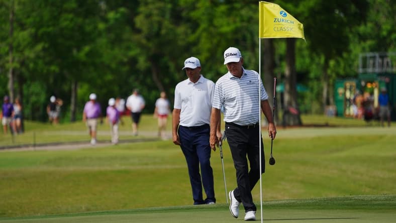 Apr 24, 2022; Avondale, Louisiana, USA; Jay Haas walks on the ninth green during the final round of the Zurich Classic of New Orleans golf tournament. Mandatory Credit: Andrew Wevers-USA TODAY Sports