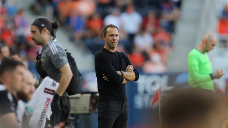 Apr 24, 2022; Cincinnati, Ohio, USA; The Los Angeles FC head coach Steve Cherundolo looks on in the second half against the FC Cincinnati at TQL Stadium. Mandatory Credit: Katie Stratman-USA TODAY Sports