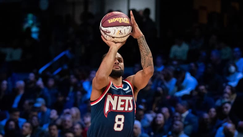 February 19, 2022; Cleveland, OH, USA; Brooklyn Nets guard Patty Mills (8) during the 3-Point Contest during the 2022 NBA All-Star Saturday Night at Rocket Mortgage Field House. Mandatory Credit: Kyle Terada-USA TODAY Sports