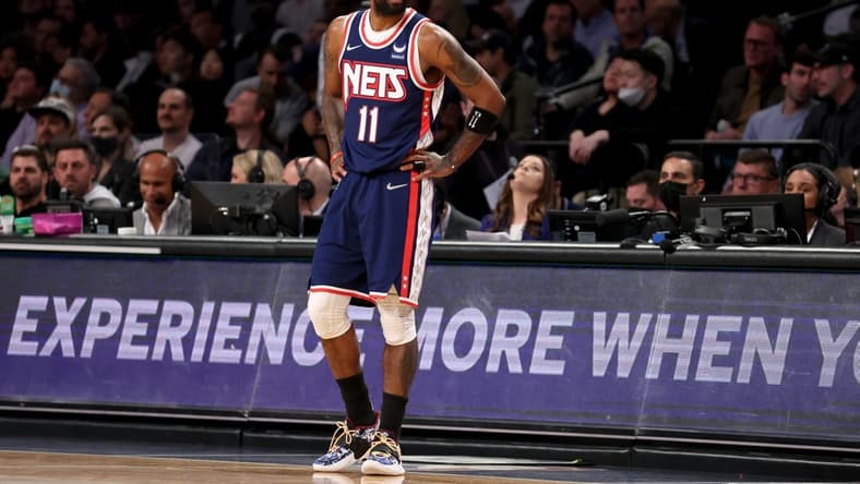 Apr 25, 2022; Brooklyn, New York, USA; Brooklyn Nets guard Kyrie Irving (11) reacts during the second quarter of game four of the first round of the 2022 NBA playoffs against the Boston Celtics at Barclays Center. Mandatory Credit: Brad Penner-USA TODAY Sports
