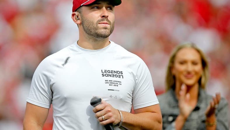 Former OU quarterback Baker Mayfield speaks to the crowd at Owen Field on April 23 in Norman.cover small