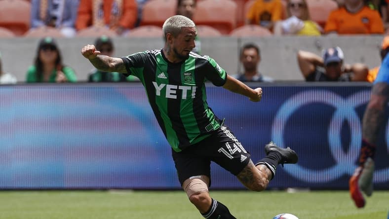 Apr 30, 2022; Houston, Texas, USA; Austin FC forward Diego Fagundez (14) in action during the match against the Houston Dynamo FC at PNC Stadium. Mandatory Credit: Troy Taormina-USA TODAY Sports