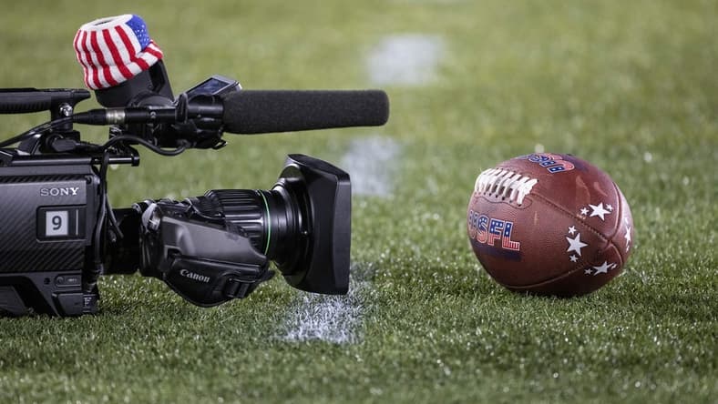 May 7, 2022; Birmingham, AL, USA; Fox cameras capture the USFL football and its logo during the second half at Protective Stadium. Mandatory Credit: Vasha Hunt-USA TODAY Sports