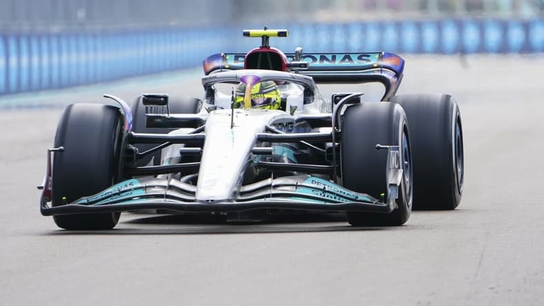 May 8, 2022; Miami Gardens, Florida, USA; Mercedes driver Lewis Hamilton of Britain races on the backstretch during the Miami Grand Prix at Miami International Autodrome. Mandatory Credit: John David Mercer-USA TODAY Sports