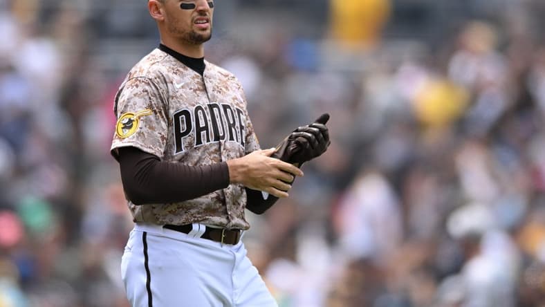 May 8, 2022; San Diego, California, USA; San Diego Padres right fielder Trayce Thompson (43) looks on after striking out to end the second inning against the Miami Marlins at Petco Park. Mandatory Credit: Orlando Ramirez-USA TODAY Sports