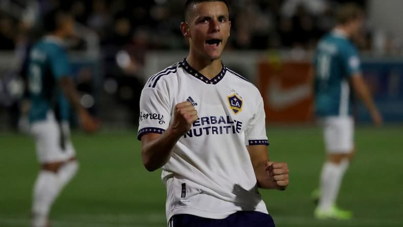 May 11, 2022; Irvine, California, USA;  Los Angeles Galaxy forward Dejan Joveljic (99) reacts after scoring a penalty kick against the California United Strikers FC during the second half at Championship Soccer Stadium. Mandatory Credit: Kiyoshi Mio-USA TODAY Sports