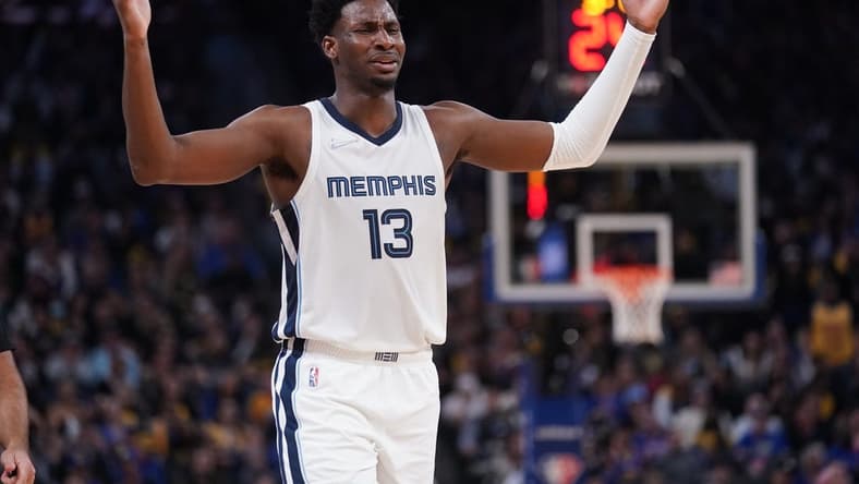 May 13, 2022; San Francisco, California, USA; Memphis Grizzlies forward Jaren Jackson Jr. (13) reacts after being called for a foul against the Golden State Warriors in the third quarter during game six of the second round for the 2022 NBA playoffs at Chase Center. Mandatory Credit: Cary Edmondson-USA TODAY Sports