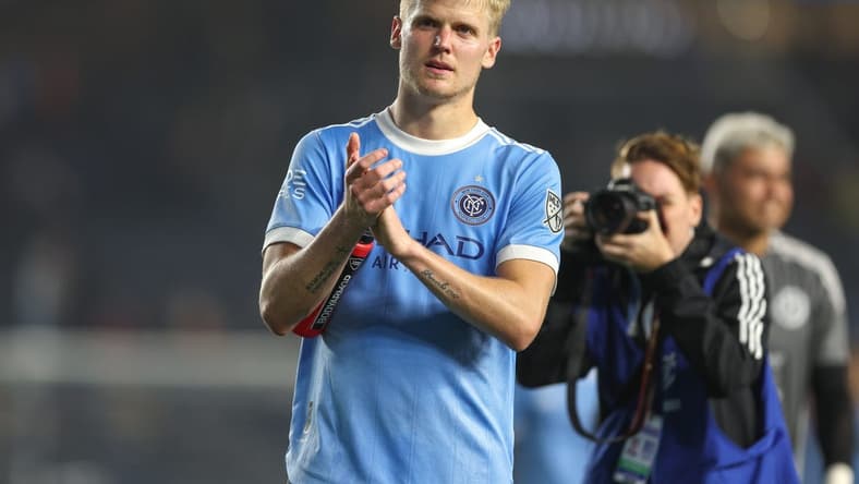 May 14, 2022; New York, New York, USA; New York City FC midfielder Keaton Parks (55) gestures to fans after the game against the Columbus Crew at Yankee Stadium. Mandatory Credit: Vincent Carchietta-USA TODAY Sports