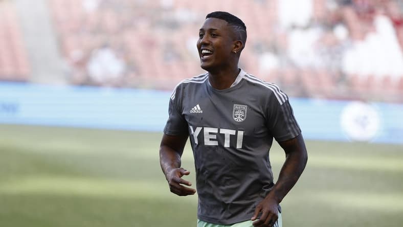 May 14, 2022; Sandy, Utah, USA; Austin FC midfielder Jhojan Valencia (5) works out prior to their game against the Real Salt Lake at Rio Tinto Stadium. Mandatory Credit: Jeffrey Swinger-USA TODAY Sports