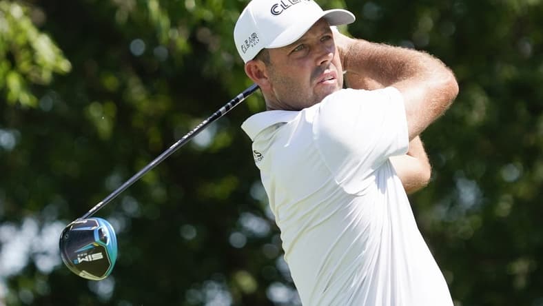 May 15, 2022; McKinney, Texas, USA; Charl Schwartzel plays his shot from the second tee during the final round of the AT&T Byron Nelson golf tournament. Mandatory Credit: Raymond Carlin III-USA TODAY Sports