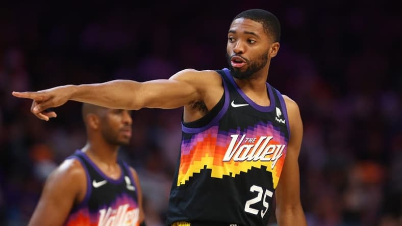 May 15, 2022; Phoenix, Arizona, USA; Phoenix Suns forward Mikal Bridges (25) against the Dallas Mavericks in game seven of the second round for the 2022 NBA playoffs at Footprint Center. Mandatory Credit: Mark J. Rebilas-USA TODAY Sports