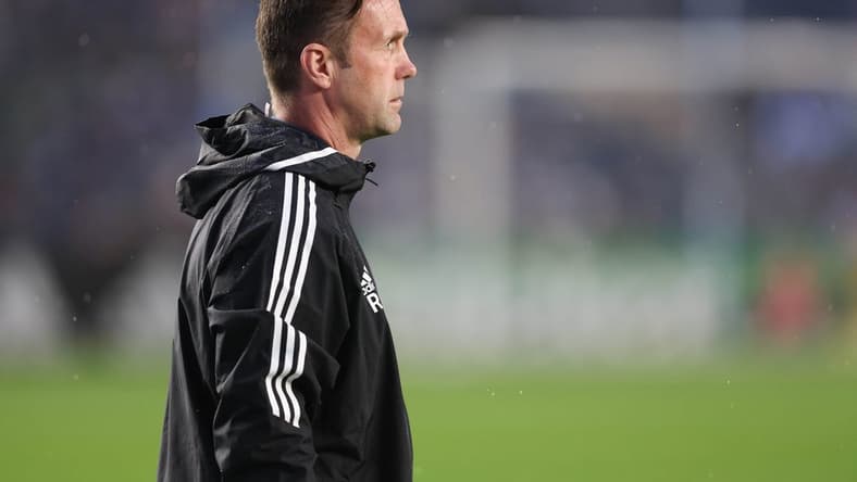 May 14, 2022; New York, New York, USA; New York City FC head coach Ronny Deila looks on against the Columbus Crew during the first half at Yankee Stadium. Mandatory Credit: Vincent Carchietta-USA TODAY Sports
