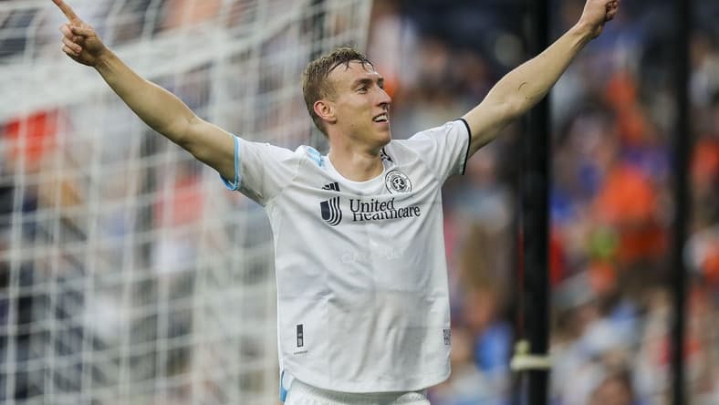 May 21, 2022; Cincinnati, Ohio, USA; New England Revolution forward Adam Buksa (9) reacts after scoring a goal against FC Cincinnati in the first half at TQL Stadium. Mandatory Credit: Katie Stratman-USA TODAY Sports
