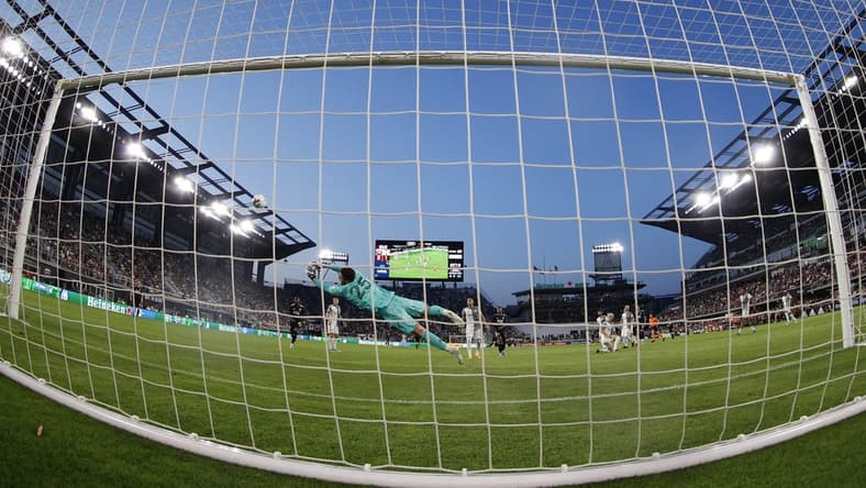 May 21, 2022; Washington, District of Columbia, USA; Toronto FC goalkeeper Alex Bono (25) makes a save against D.C. United in the second half at Audi Field. Mandatory Credit: Geoff Burke-USA TODAY Sports