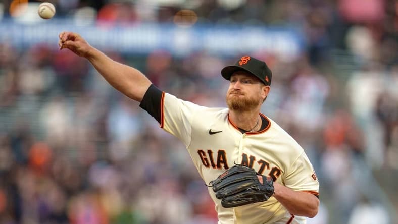 May 23, 2022; San Francisco, California, USA; San Francisco Giants starting pitcher Alex Cobb (38) delivers a pitch during the first inning against the New York Mets at Oracle Park. Mandatory Credit: Neville E. Guard-USA TODAY Sports