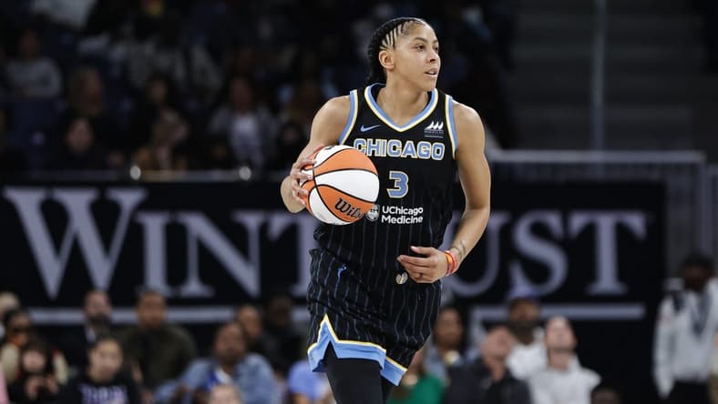 May 24, 2022; Chicago, Illinois, USA; Chicago Sky forward Candace Parker (3) brings the ball up court against the Indiana Fever during the first half at Wintrust Arena. Mandatory Credit: Kamil Krzaczynski-USA TODAY Sports