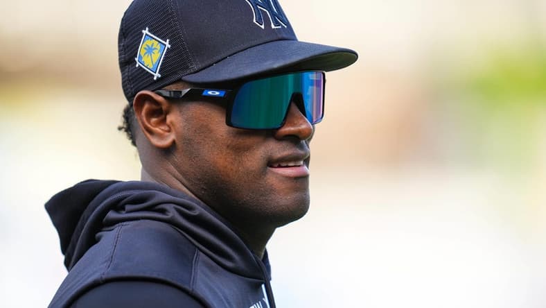 Apr 29, 2022; Kansas City, Missouri, USA; New York Yankees left fielder Miguel Andujar (41) before the game against the Kansas City Royals at Kauffman Stadium. Mandatory Credit: Jay Biggerstaff-USA TODAY Sports