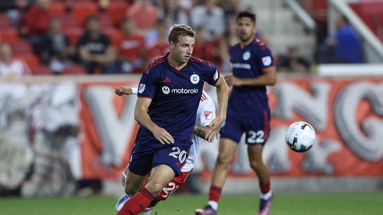 May 18, 2022; Harrison, New Jersey, USA; Chicago Fire defender Wyatt Omsberg (20) in action against the New York Red Bulls during the second half at Red Bull Arena. Mandatory Credit: Vincent Carchietta-USA TODAY Sports