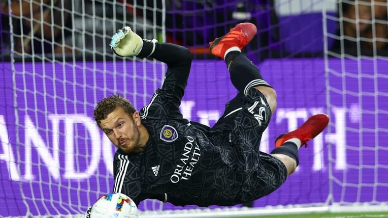 May 25, 2022; Orlando, Florida, USA; Orlando City goalkeeper Mason Stajduhar (31) saves a penalty kick after the end of overtime against Inter Miami at Exploria Stadium. Mandatory Credit: Nathan Ray Seebeck-USA TODAY Sports