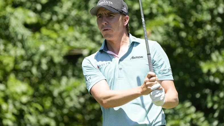 May 26, 2022; Fort Worth, Texas, USA; Carlos Ortiz plays his shot from the eighth tee during the first round of the Charles Schwab Challenge golf tournament. Mandatory Credit: Jim Cowsert-USA TODAY Sports
