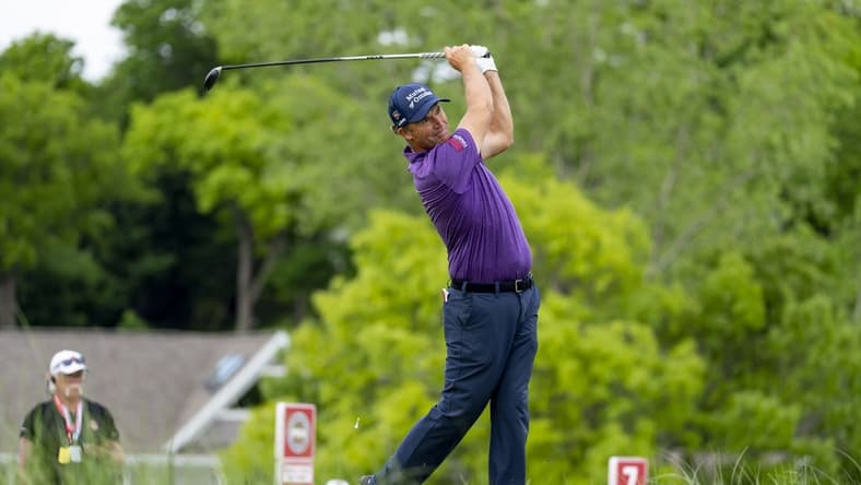 May 26, 2022; Benton Harbor, Michigan, USA; Padraig Harrington hits his tee shot on the eighth hole during the first round of the 2022 KitchenAid Senior PGA Championship at Harbor Shores. Mandatory Credit: Raj Mehta-USA TODAY Sports