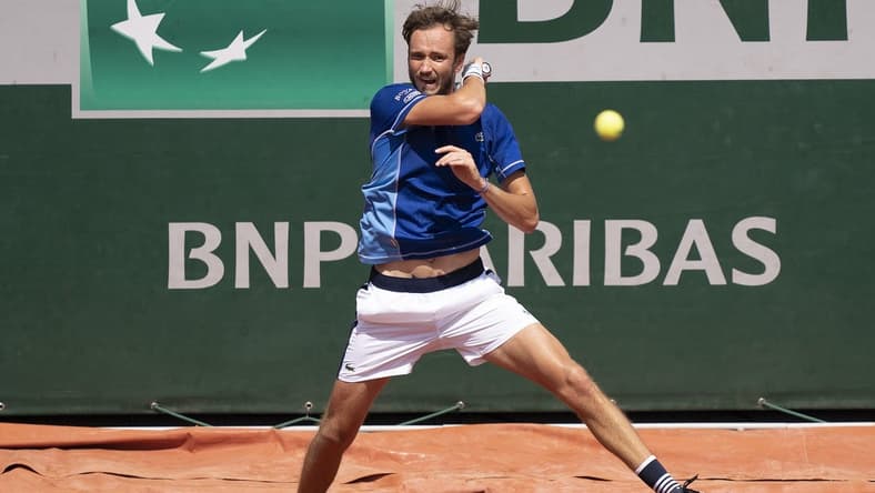 May 28, 2022; Paris, France; Daniil Medvedev returns a shot from Miomir Kecmanovic (SRB) during their match on day seven of the French Open at Stade Roland-Garros. Mandatory Credit: Susan Mullane-USA TODAY Sports