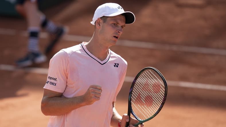 May 28, 2022; Paris, France; Hubert Hurkacz (POL) reacts to winning the second set in his match against David Goffin (BEL) on day seven of the French Open at Stade Roland-Garros. Mandatory Credit: Susan Mullane-USA TODAY Sports