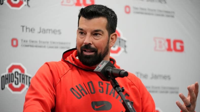 Ohio State Buckeyes head coach Ryan Day speaks to media following a spring football practice at the Woody Hayes Athletics Center in Columbus on March 22, 2022.

Ncaa Football Ohio State Spring Practice