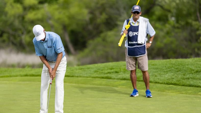 May 29, 2022; Benton Harbor, Michigan, USA; Steven Alker makes his birdie putt on the sixteenth hole during the final round of the 2022 KitchenAid Senior PGA Championship at Harbor Shores. Mandatory Credit: Raj Mehta-USA TODAY Sports