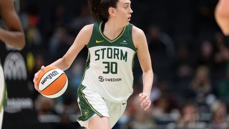 May 29, 2022; Seattle, Washington, USA; Seattle Storm forward Breanna Stewart (30) dribbles the ball against the New York Liberty at Climate Pledge Arena. Mandatory Credit: Stephen Brashear-USA TODAY Sports
