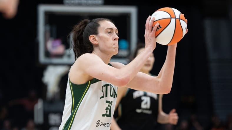 May 29, 2022; Seattle, Washington, USA; Seattle Storm forward Breanna Stewart (30) shoots the ball against the New York Liberty at Climate Pledge Arena. Mandatory Credit: Stephen Brashear-USA TODAY Sports