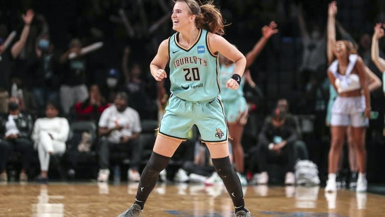 Jun 1, 2022; Brooklyn, New York, USA; New York Liberty guard Sabrina Ionescu (20) celebrate after the Indiana Fever call timeout in the fourth quarter at Barclays Center. Mandatory Credit: Wendell Cruz-USA TODAY Sports
