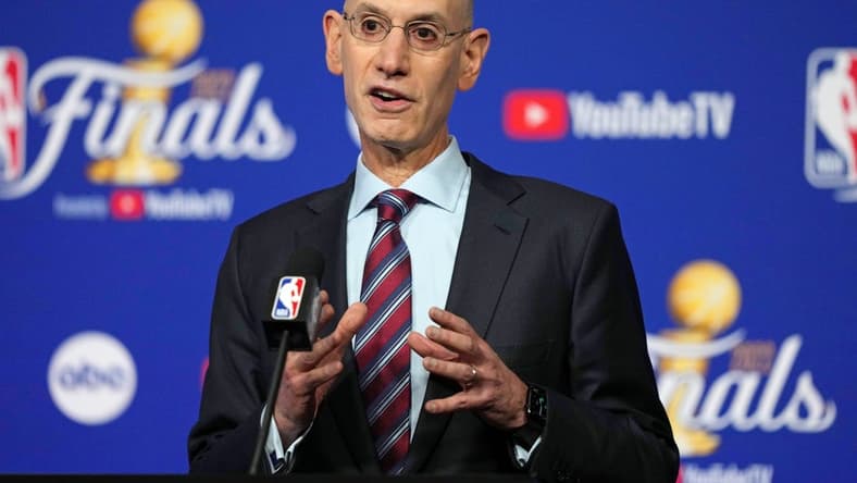 Jun 2, 2022; San Francisco, California, USA; NBA commissioner Adam Silver talks to media before game one of the 2022 NBA Finals between the Golden State Warriors and the Boston Celtics at Chase Center. Mandatory Credit: Darren Yamashita-USA TODAY Sports