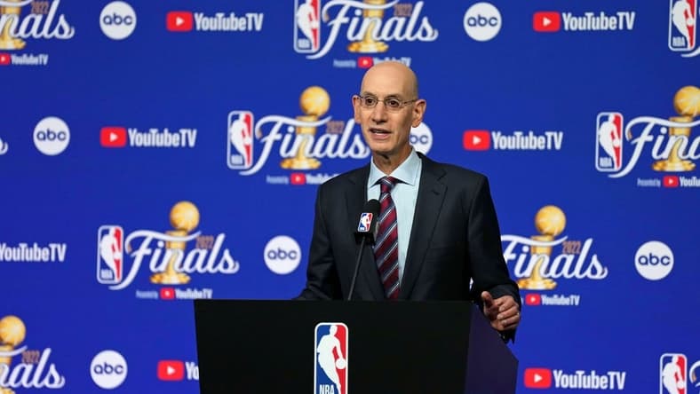 Jun 2, 2022; San Francisco, California, USA; NBA commissioner Adam Silver talks to media before game one of the 2022 NBA Finals between the Golden State Warriors and the Boston Celtics at Chase Center. Mandatory Credit: Darren Yamashita-USA TODAY Sports