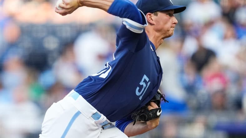 Jun 3, 2022; Kansas City, Missouri, USA; Kansas City Royals starting pitcher Brady Singer (51) pitches against the Houston Astros during the first inning at Kauffman Stadium. Mandatory Credit: Jay Biggerstaff-USA TODAY Sports