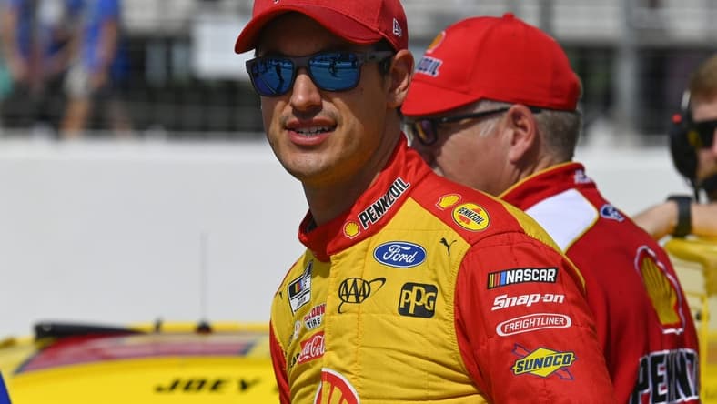 Jun 4, 2022; Madison, Illinois, USA; NASCAR Cup Series driver Joey Logano (22) looks on during Nascar Cup qualifying at World Wide Technology Raceway at Gateway. Mandatory Credit: Joe Puetz-USA TODAY Sports