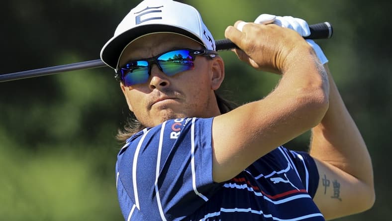 Jun 4, 2022; Dublin, Ohio, USA; Rickie Fowler plays his shot from the second tee during the third round of the Memorial Tournament. Mandatory Credit: Aaron Doster-USA TODAY Sports