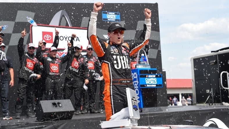Jun 4, 2022; Madison, Illinois, USA; Camping World Truck Series driver Corey Heim (51) reacts after winning the 9th Annual Toyota 200 at World Wide Technology Raceway at Gateway. Mandatory Credit: Joe Puetz-USA TODAY Sports