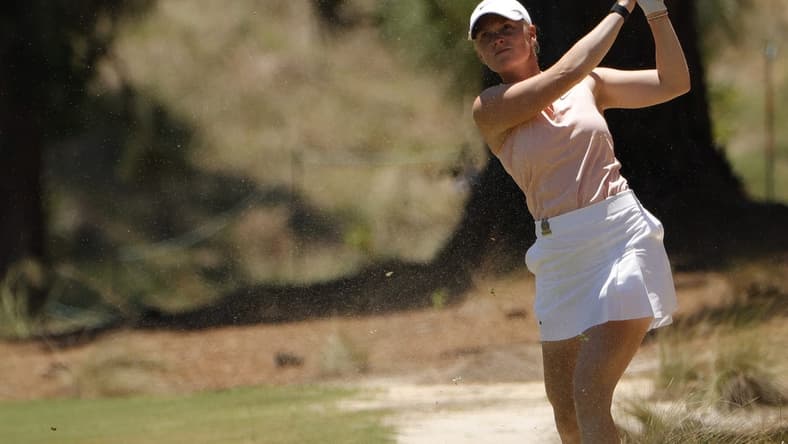 Jun 4, 2022; Southern Pines, North Carolina, USA; Frida Kinhult hits from the rough on the eleventh hole during the third round of the U.S. Women's Open. Mandatory Credit: Geoff Burke-USA TODAY Sports