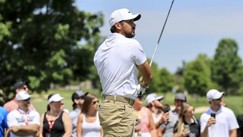 Jun 5, 2022; Dublin, Ohio, USA; Jason Day plays his shot from the first tee during the final round of the Memorial Tournament. Mandatory Credit: Aaron Doster-USA TODAY Sports