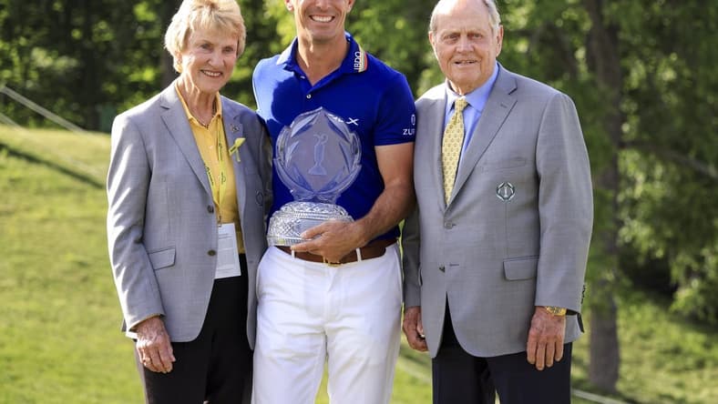 Jun 5, 2022; Dublin, Ohio, USA; Billy Horschel, middle, poses for a photo with Jack Nicklaus, right, and Barbara Nicklaus after winning the Memorial Tournament. Mandatory Credit: Aaron Doster-USA TODAY Sports