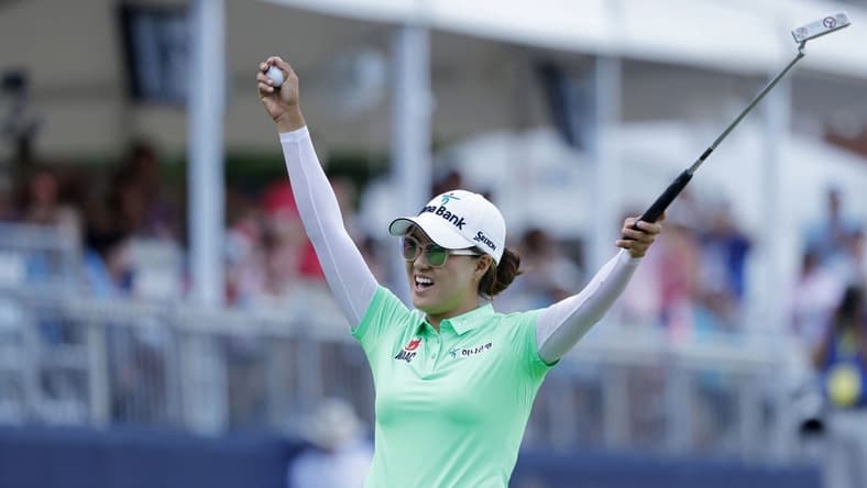 Jun 5, 2022; Southern Pines, North Carolina, USA; Minjee Lee celebrates on the eighteenth green after winning the U.S. Women's Open. Mandatory Credit: Geoff Burke-USA TODAY Sports