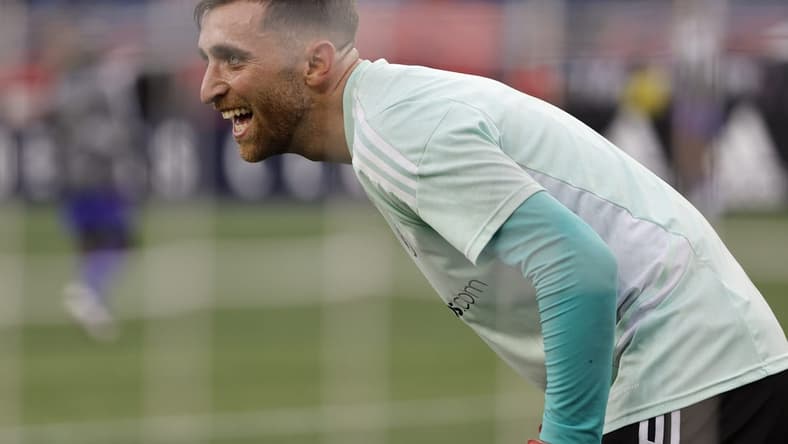 May 28, 2022; Foxborough, Massachusetts, USA; New England Revolution goalkeeper Matt Turner (30) smiles before their game against the Philadelphia Union at Gillette Stadium. Mandatory Credit: Winslow Townson-USA TODAY Sports