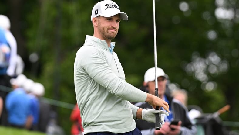 Jun 9, 2022; Etobicoke, Ontario, CAN; Wyndham Clark reacts after hitting his tee shot on the eighth hole during the first round of the RBC Canadian Open golf tournament. Mandatory Credit: Dan Hamilton-USA TODAY Sports